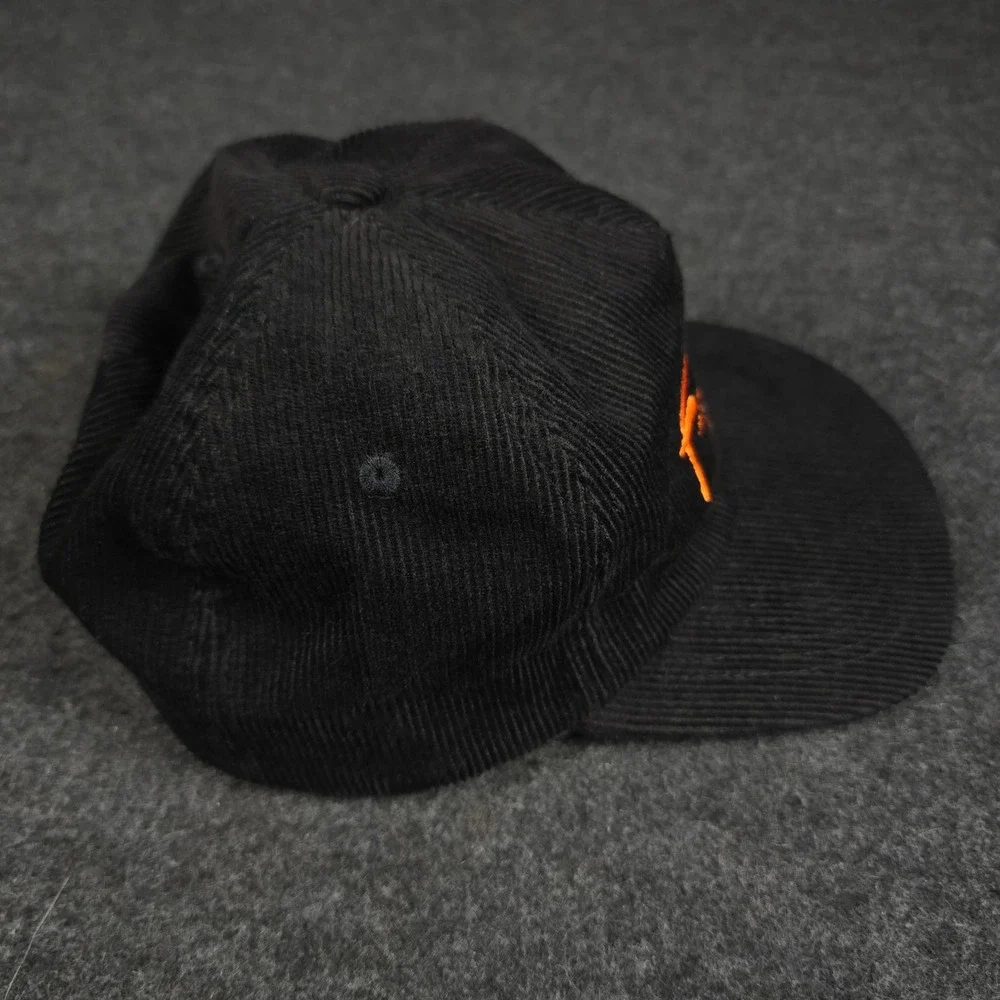 The Frida Cinema Black Men's Corduroy Snapback Hat Retro Orange Script Logo